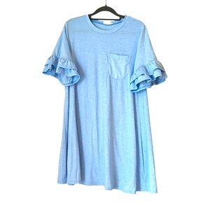 New In Elegant Light Blue Flutter Short Sleeve Tunic A-Line Dress, Size Large